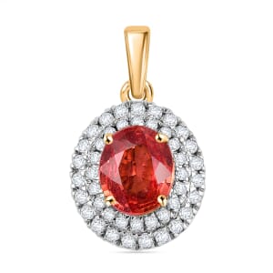 Certified & Appraised Luxoro AAA Padparadscha Sapphire and G-H I2 Diamond 2.05 ctw Double Halo Pendant without Chain in 14K Yellow Gold 