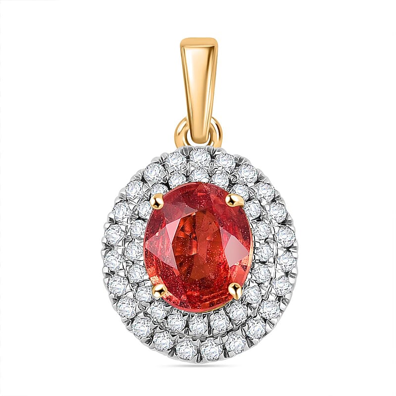 Certified & Appraised Luxoro AAA Padparadscha Sapphire and G-H I2 Diamond 2.05 ctw Double Halo Pendant without Chain in 14K Yellow Gold 