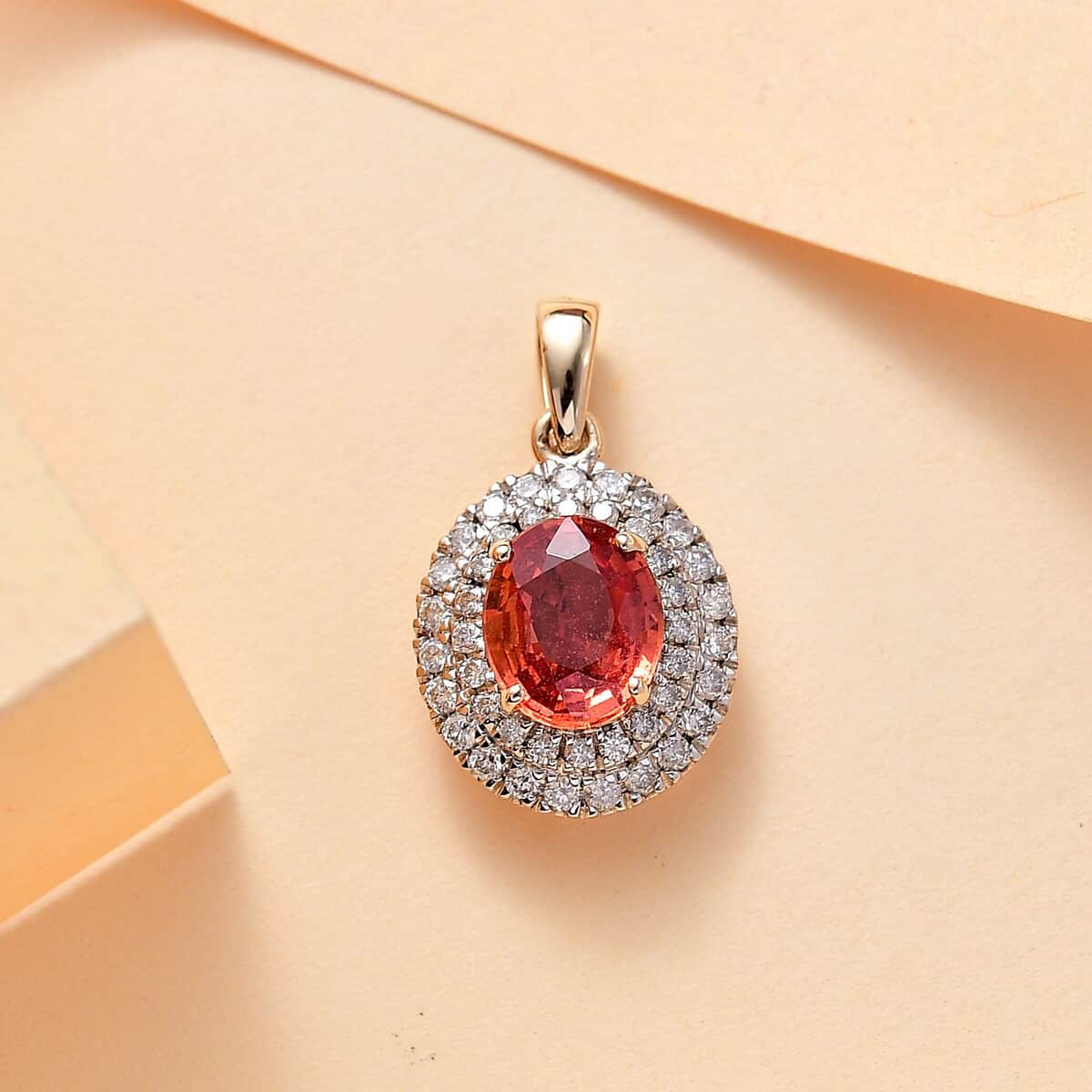 Certified & Appraised Luxoro AAA Padparadscha Sapphire and G-H I2 Diamond 2.05 ctw Double Halo Pendant in 14K Yellow Gold  image number 1