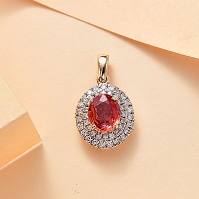 Certified & Appraised Luxoro AAA Padparadscha Sapphire and G-H I2 Diamond 2.05 ctw Double Halo Pendant without Chain in 14K Yellow Gold 