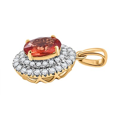 Certified & Appraised Luxoro AAA Padparadscha Sapphire and G-H I2 Diamond 2.05 ctw Double Halo Pendant without Chain in 14K Yellow Gold 