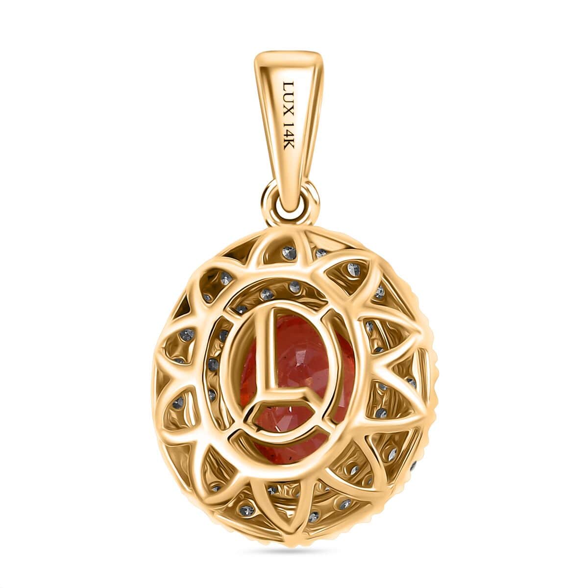 Certified & Appraised Luxoro AAA Padparadscha Sapphire and G-H I2 Diamond 2.05 ctw Double Halo Pendant in 14K Yellow Gold  image number 4