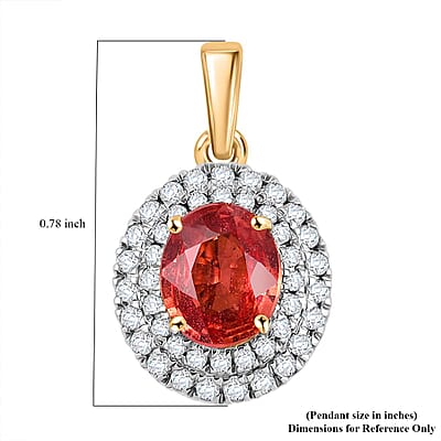 Certified & Appraised Luxoro AAA Padparadscha Sapphire and G-H I2 Diamond 2.05 ctw Double Halo Pendant without Chain in 14K Yellow Gold 