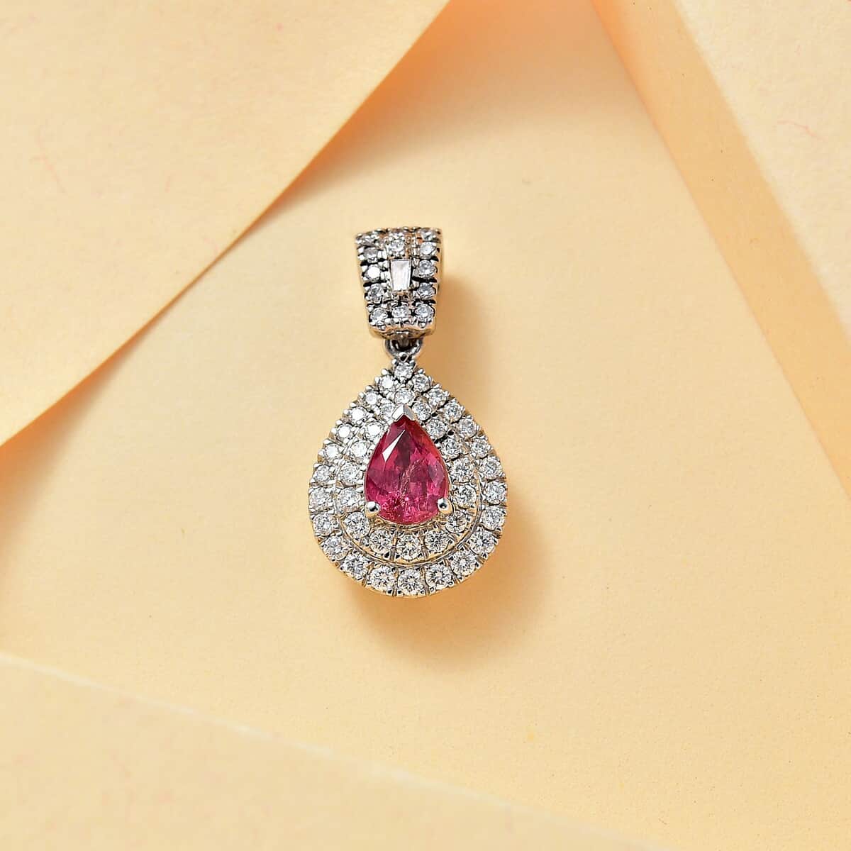 Certified & Appraised Rhapsody AAAA Padparadscha Sapphire and E-F VS2 Diamond 1.55 ctw Pendant in 950 Platinum 4.20 Grams image number 1