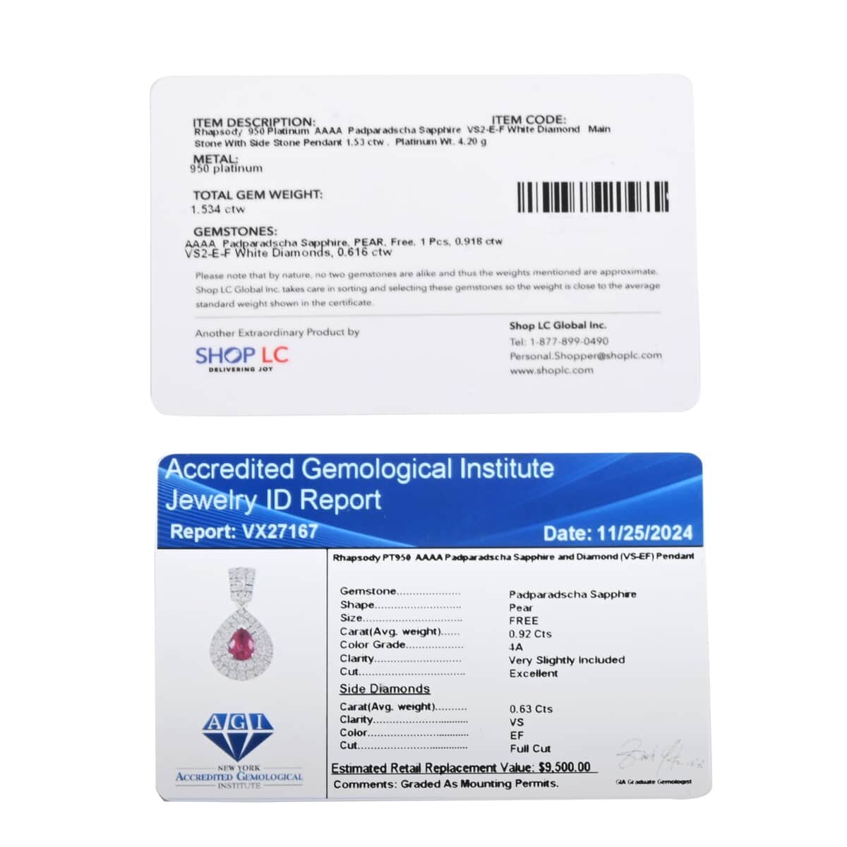 Certified & Appraised Rhapsody AAAA Padparadscha Sapphire and E-F VS2 Diamond 1.55 ctw Pendant in 950 Platinum 4.20 Grams image number 6