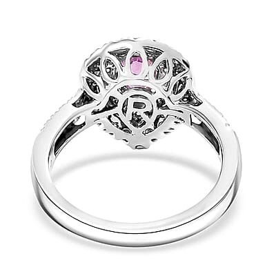 Certified & Appraised Rhapsody 950 Platinum AAAA Padparadscha Sapphire, Diamond (E-F, VS2) (0.74 cts) Double Halo Ring (Size 10.0) (7.11 g) 1.50 ctw