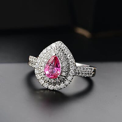 Certified & Appraised Rhapsody 950 Platinum AAAA Padparadscha Sapphire, Diamond (E-F, VS2) (0.74 cts) Double Halo Ring (Size 10.0) (7.11 g) 1.50 ctw