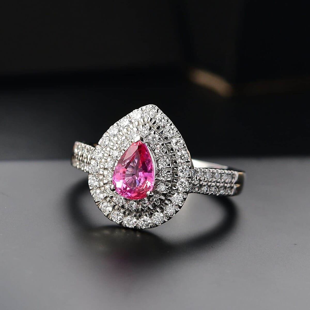 Certified & Appraised Rhapsody AAAA Padparadscha Sapphire and E-F VS2 Diamond 1.50 ctw Double Halo Ring in 950 Platinum (Size 6.0) 7.11 Grams image number 1