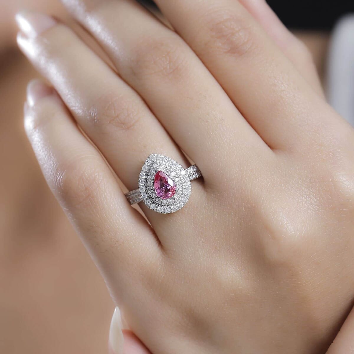 Certified & Appraised Rhapsody AAAA Padparadscha Sapphire and E-F VS2 Diamond 1.50 ctw Double Halo Ring in 950 Platinum (Size 6.0) 7.11 Grams image number 2