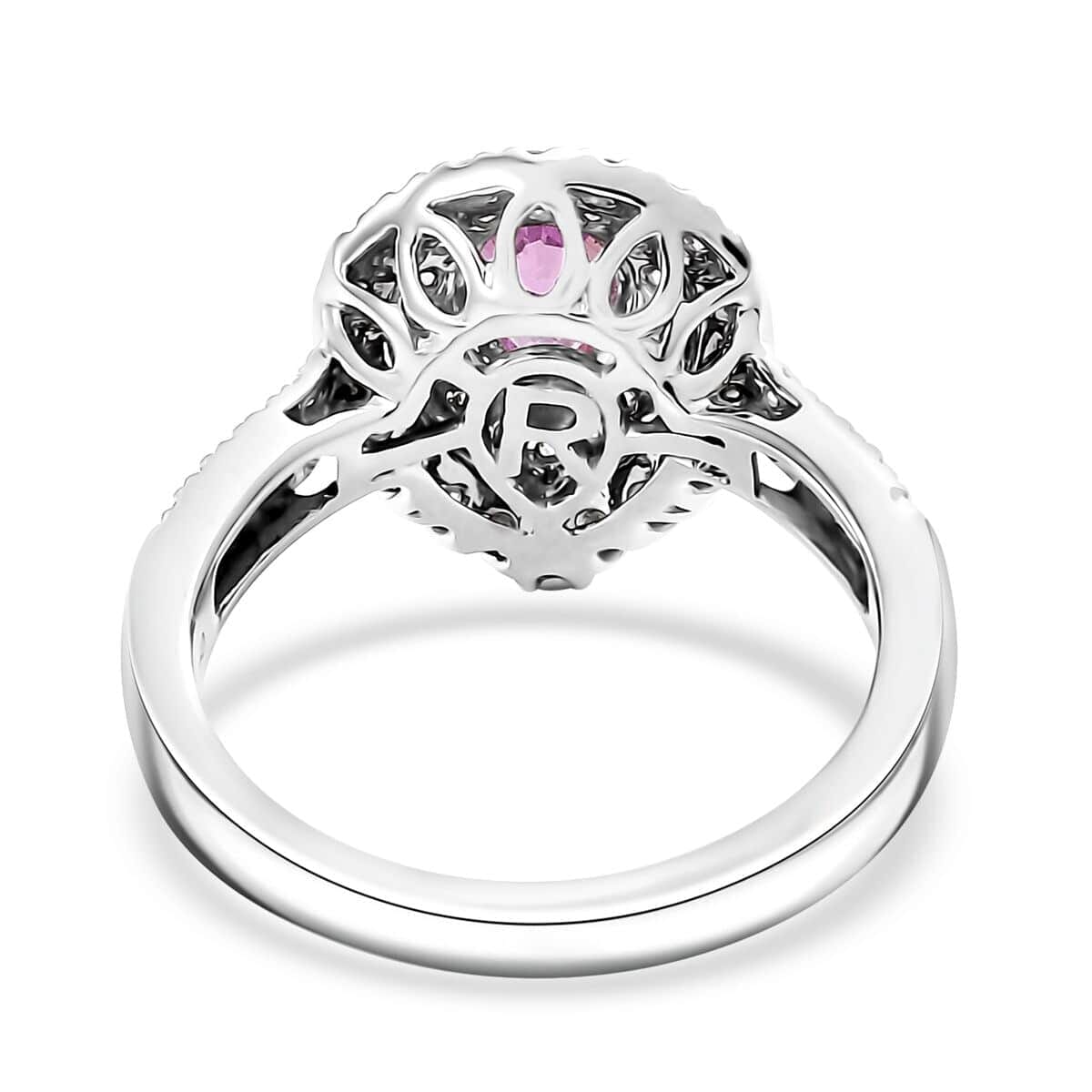 Certified & Appraised Rhapsody AAAA Padparadscha Sapphire and E-F VS2 Diamond 1.50 ctw Double Halo Ring in 950 Platinum (Size 6.0) 7.11 Grams image number 4