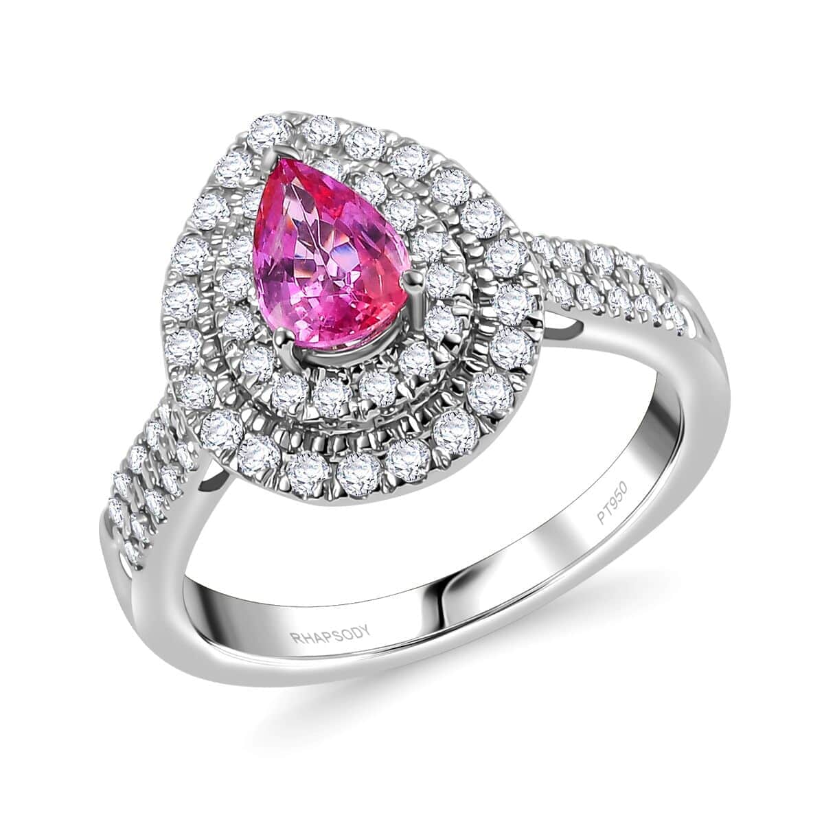 Certified & Appraised Rhapsody AAAA Padparadscha Sapphire and E-F VS2 Diamond 1.50 ctw Double Halo Ring in 950 Platinum (Size 7.0) 7.11 Grams image number 0