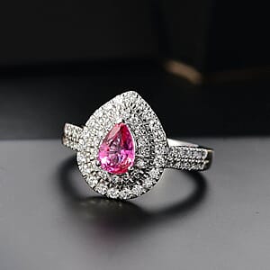 Certified & Appraised Rhapsody AAAA Padparadscha Sapphire and E-F VS2 Diamond 1.50 ctw Double Halo Ring in 950 Platinum (Size 7.5) 7.11 Grams