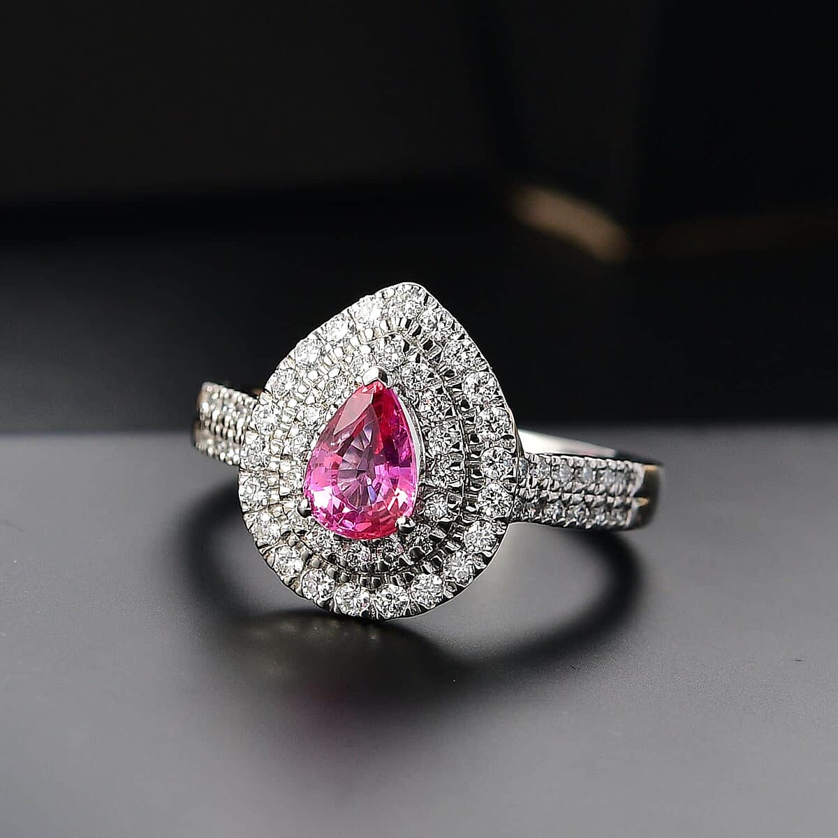 Certified & Appraised Rhapsody AAAA Padparadscha Sapphire and E-F VS2 Diamond 1.50 ctw Double Halo Ring in 950 Platinum (Size 8.5) 7.11 Grams image number 1