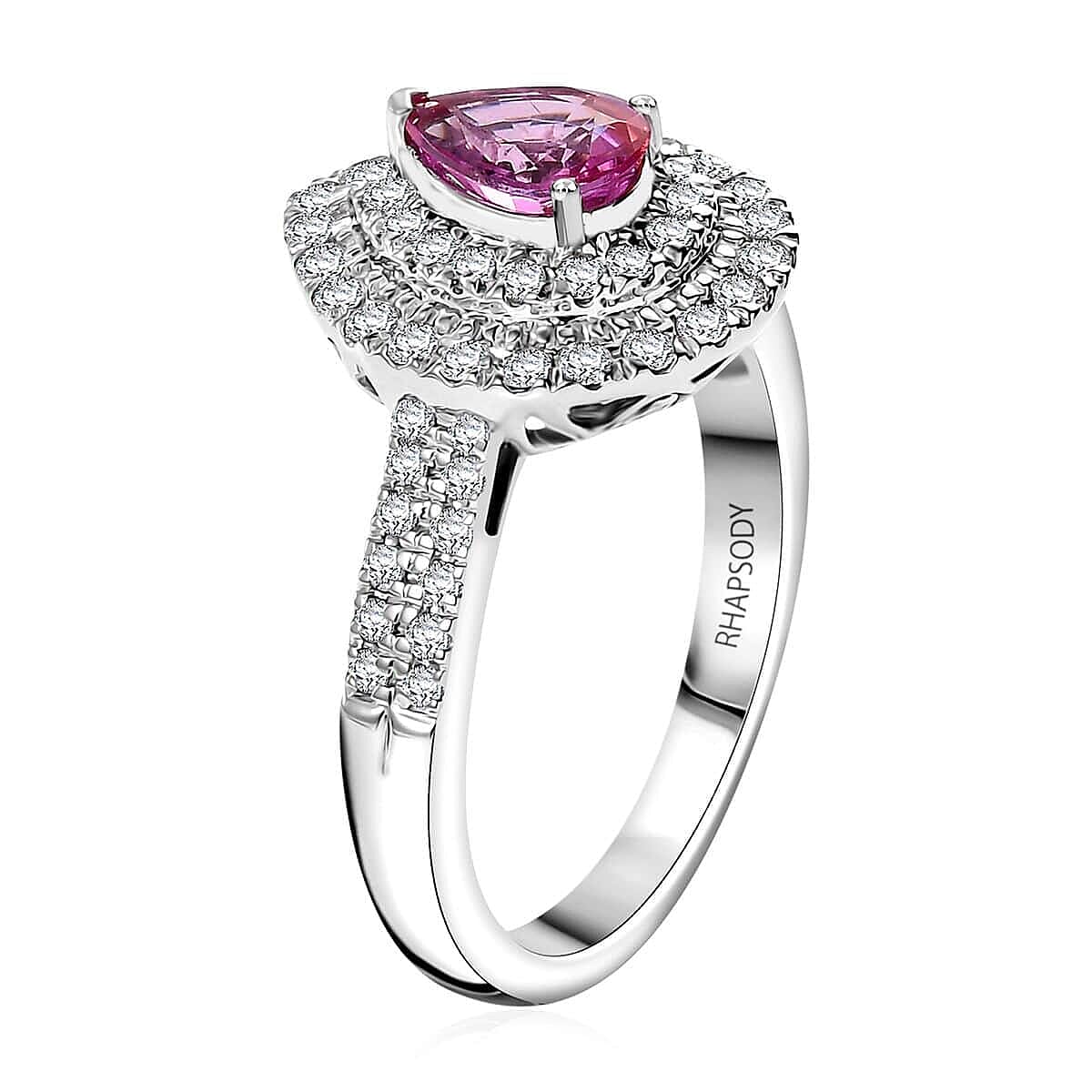 Certified & Appraised Rhapsody AAAA Padparadscha Sapphire and E-F VS2 Diamond 1.50 ctw Double Halo Ring in 950 Platinum (Size 8.5) 7.11 Grams image number 3