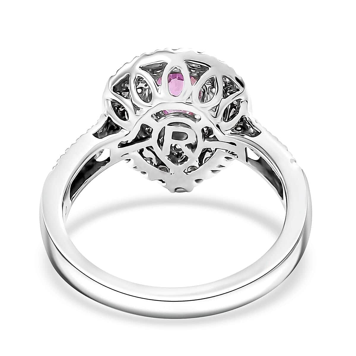 Certified & Appraised Rhapsody AAAA Padparadscha Sapphire and E-F VS2 Diamond 1.50 ctw Double Halo Ring in 950 Platinum (Size 8.5) 7.11 Grams image number 4