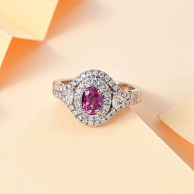 Certified & Appraised Rhapsody 950 Platinum AAAA Padparadscha Sapphire, Diamond (E-F, VS2) (0.71 cts) Ring (Size 7.0) (6.65 g) 1.75 ctw