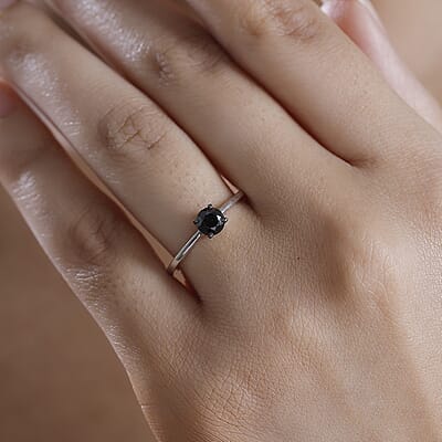 D'Joy Black Diamond (IR) 0.50 ctw Solitaire Ring in Rhodium Over Sterling Silver (Size 10.0)