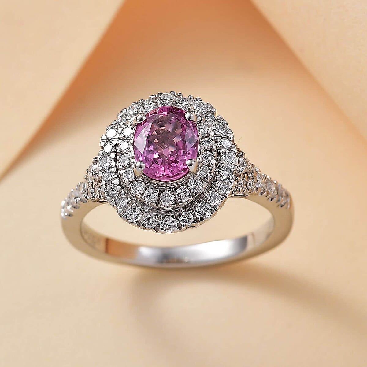 Certified & Appraised Rhapsody 950 Platinum AAAA Padparadscha Sapphire, Diamond (E-F, VS2) (0.61 cts ) Ring (Size 6.0) (6 g) 1.80 ctw image number 1