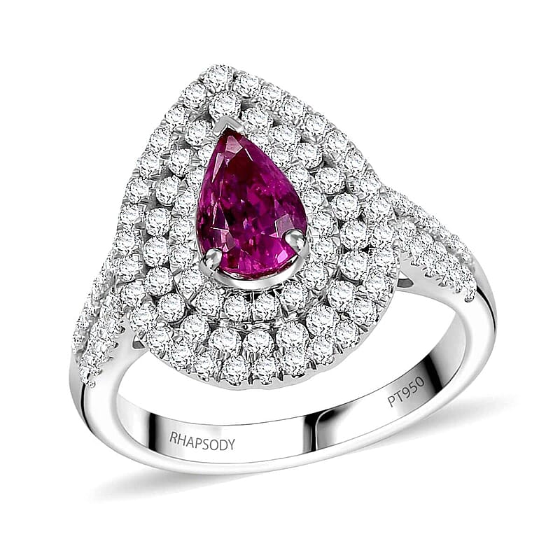 Certified & Appraised Rhapsody 950 Platinum AAAA Padparadscha Sapphire, Diamond (E-F, VS2) (1.22 cts) Double Halo Ring (Size 10.0) (7 g) 2.50 ctw