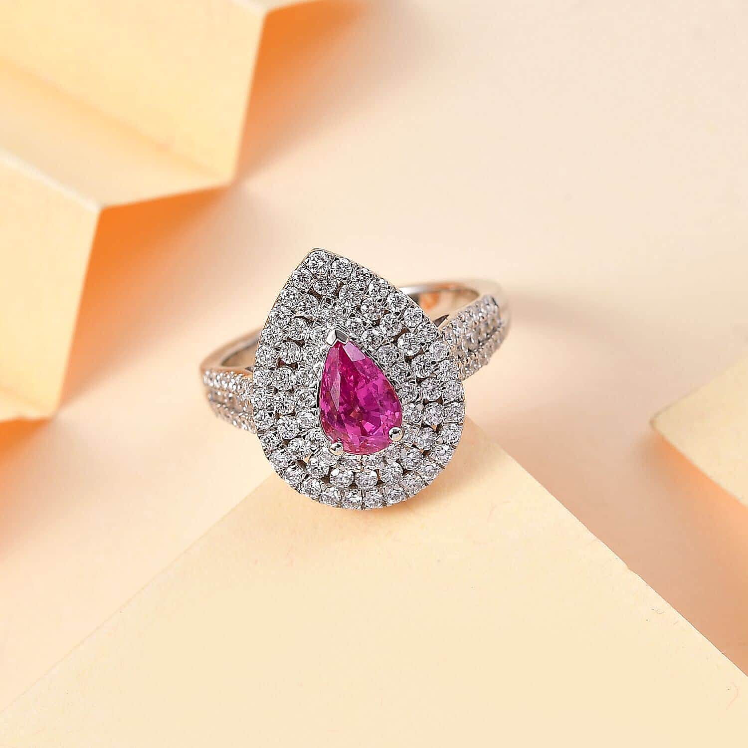 Certified & Appraised Rhapsody 950 Platinum AAAA Padparadscha Sapphire, Diamond (E-F, VS2) (1.22 cts) Double Halo Ring (Size 10.0) (7 g) 2.50 ctw