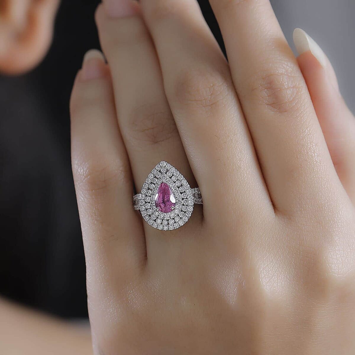 Chairman Vault Collection Certified & Appraised Rhapsody AAAA Padparadscha Sapphire and E-F VS2 Diamond 2.50 ctw Double Halo Ring in 950 Platinum (Size 8.0) 7 Grams image number 2