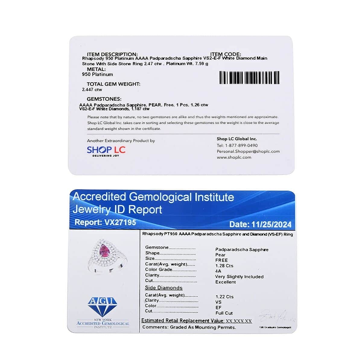 Chairman Vault Collection Certified & Appraised Rhapsody AAAA Padparadscha Sapphire and E-F VS2 Diamond 2.50 ctw Double Halo Ring in 950 Platinum (Size 8.0) 7 Grams image number 6