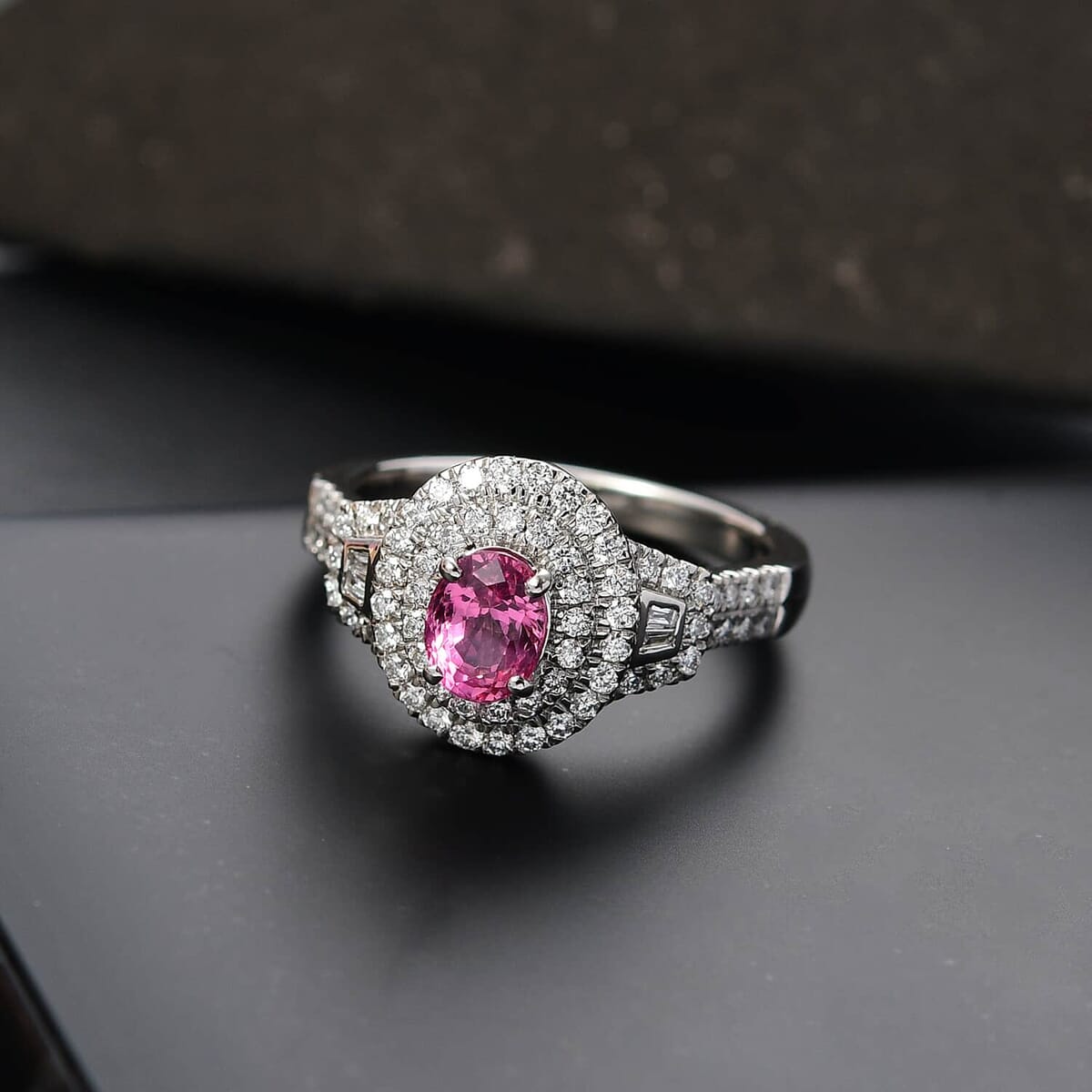 Certified & Appraised Rhapsody AAAA Padparadscha Sapphire and E-F VS2 Diamond 1.76 ctw Ring in 950 Platinum (Size 6.5) 7.71 Grams image number 1