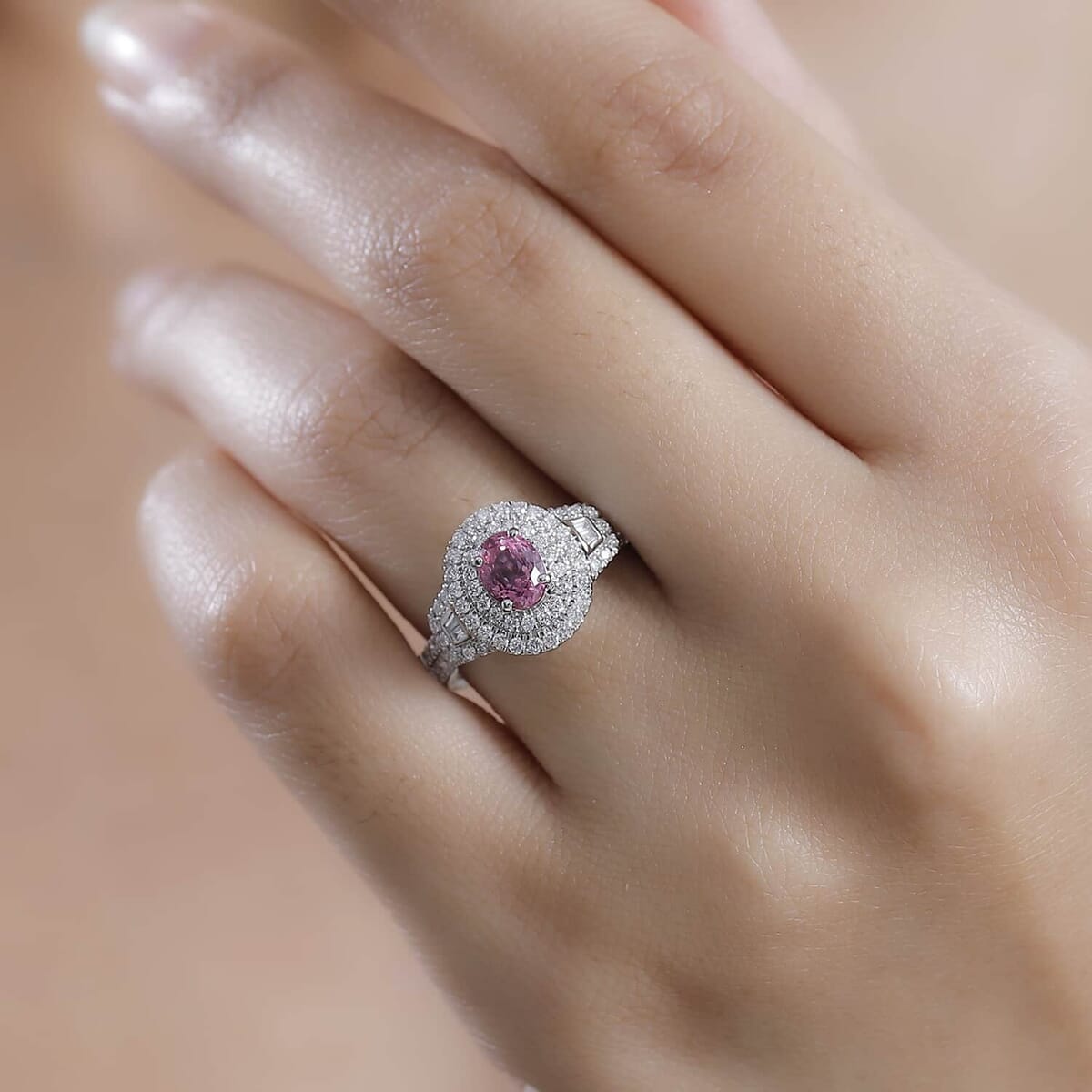 Certified & Appraised Rhapsody AAAA Padparadscha Sapphire and E-F VS2 Diamond 1.76 ctw Ring in 950 Platinum (Size 7.5) 7.71 Grams image number 2