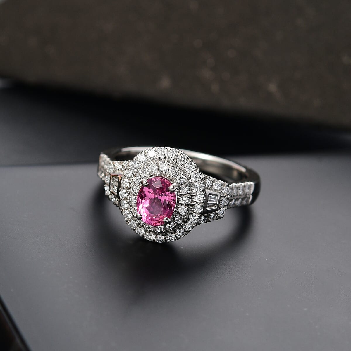 Certified & Appraised Rhapsody AAAA Padparadscha Sapphire and E-F VS2 Diamond 1.76 ctw Ring in 950 Platinum (Size 9.0) 7.71 Grams image number 1
