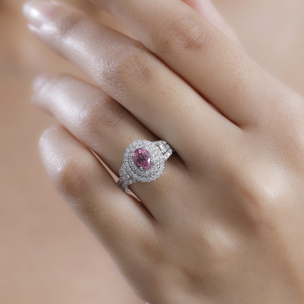 Certified & Appraised Rhapsody AAAA Padparadscha Sapphire and E-F VS2 Diamond 1.76 ctw Ring in 950 Platinum (Size 9.0) 7.71 Grams image number 2