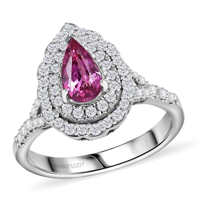 Certified & Appraised Rhapsody AAAA Padparadscha Sapphire and E-F VS2 Diamond 1.60 ctw Ring in 950 Platinum (Size 12.0) 6.30 Grams
