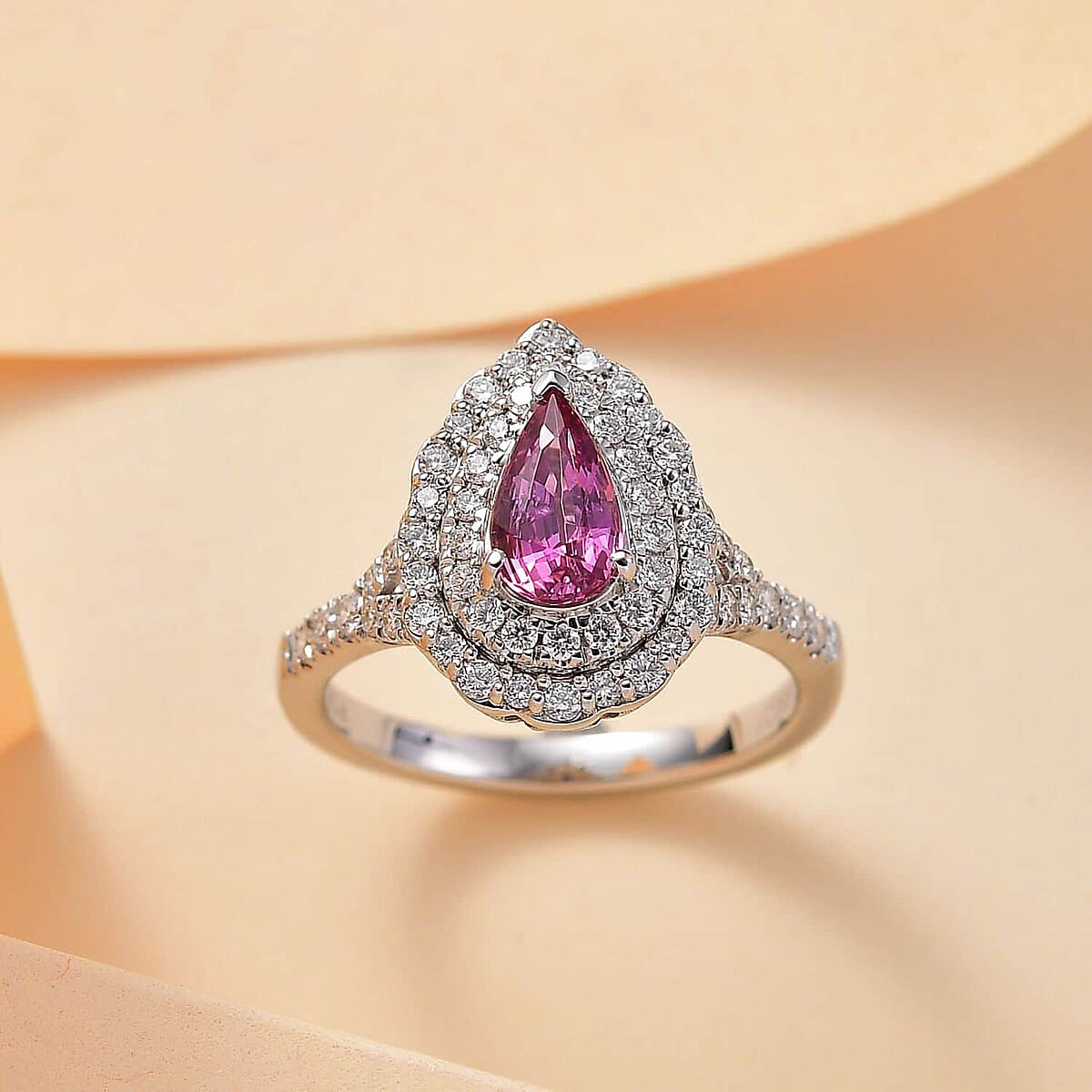 Certified & Appraised Rhapsody AAAA Padparadscha Sapphire and E-F VS2 Diamond 1.60 ctw Ring in 950 Platinum (Size 6.0) 6.30 Grams image number 1