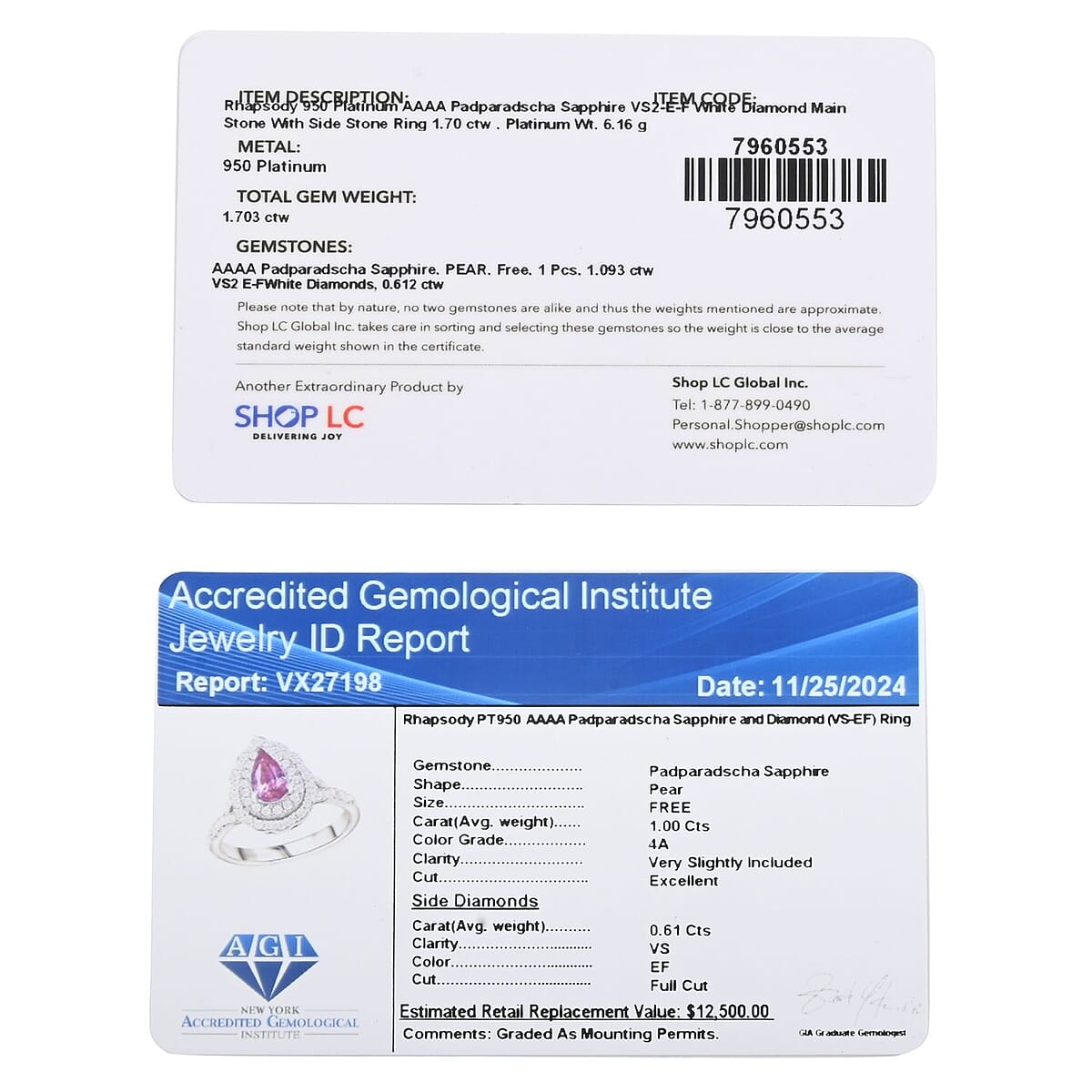 Certified & Appraised Rhapsody AAAA Padparadscha Sapphire and E-F VS2 Diamond 1.60 ctw Ring in 950 Platinum (Size 8.0) 6.30 Grams image number 6