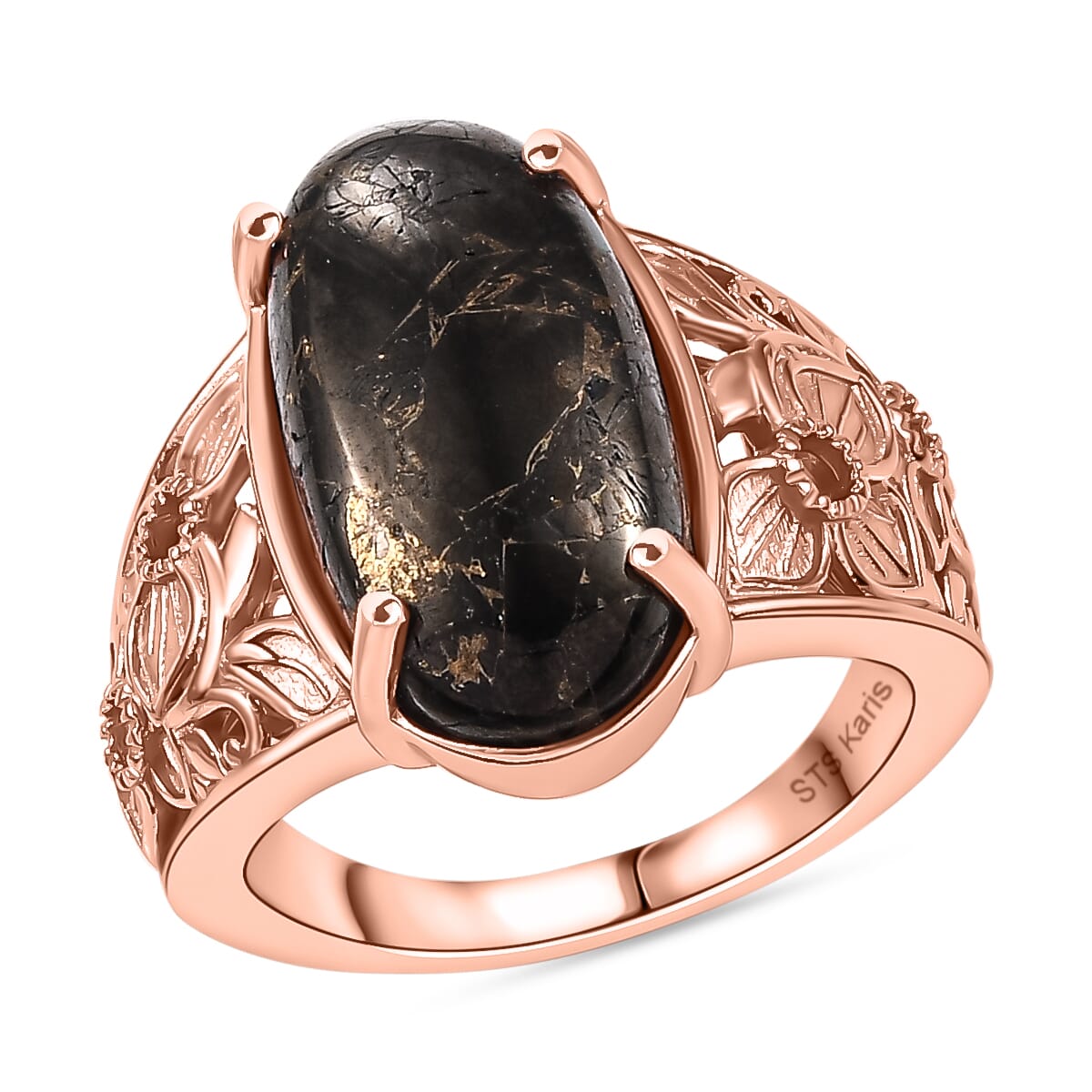 Karis Matrix Silver Shungite 6.40 ctw Flower Ring in 18K RG Plated (Size 9.0) image number 0