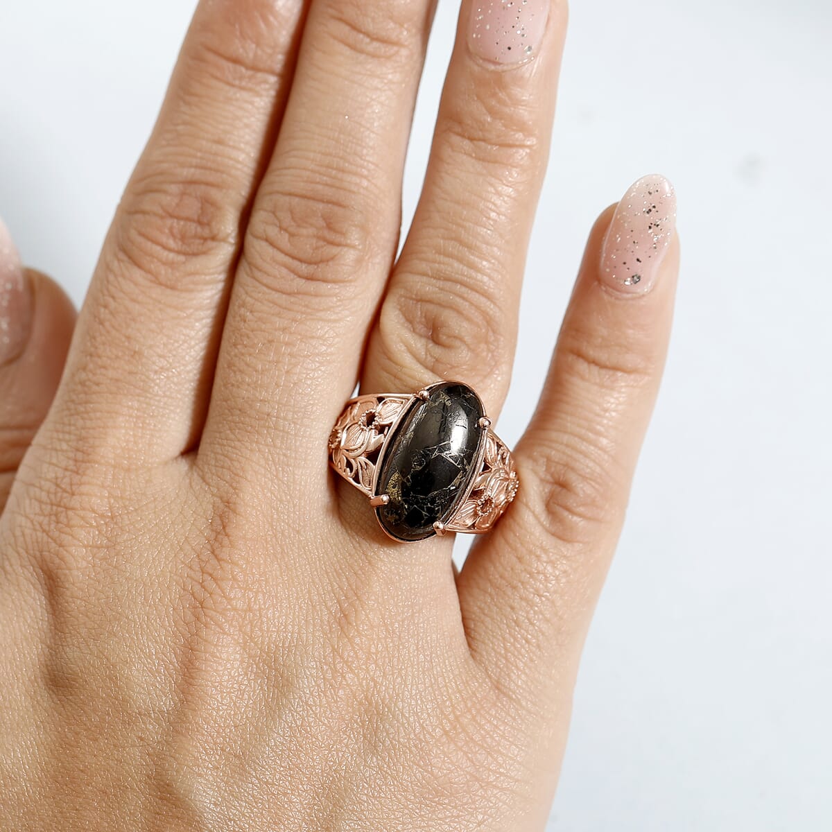 Karis Matrix Silver Shungite 6.40 ctw Flower Ring in 18K RG Plated (Size 9.0) image number 2