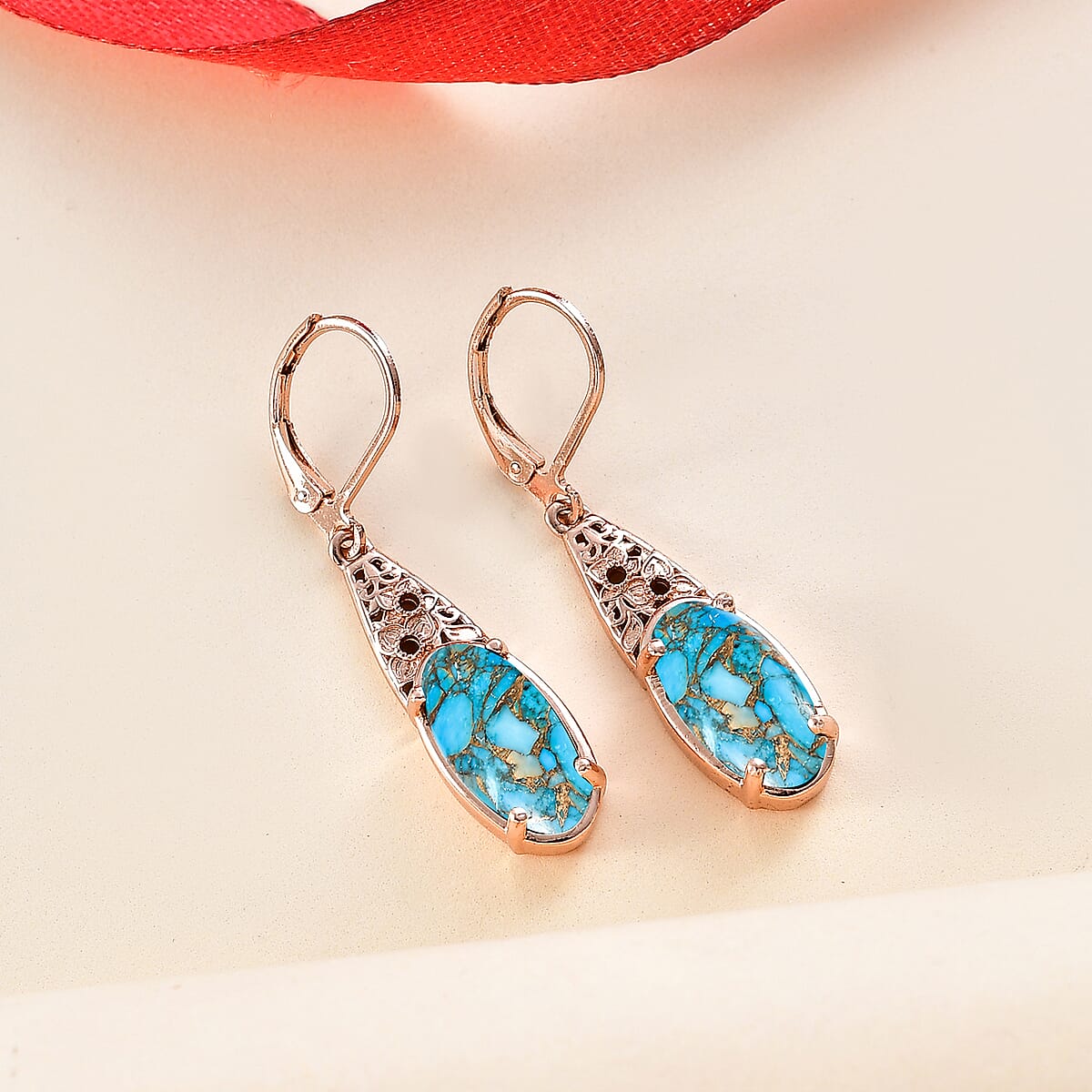 Karis Matrix Chestnut Brine Turquoise 6.10 ctw Lever Back Earrings in 18K RG Plated image number 1