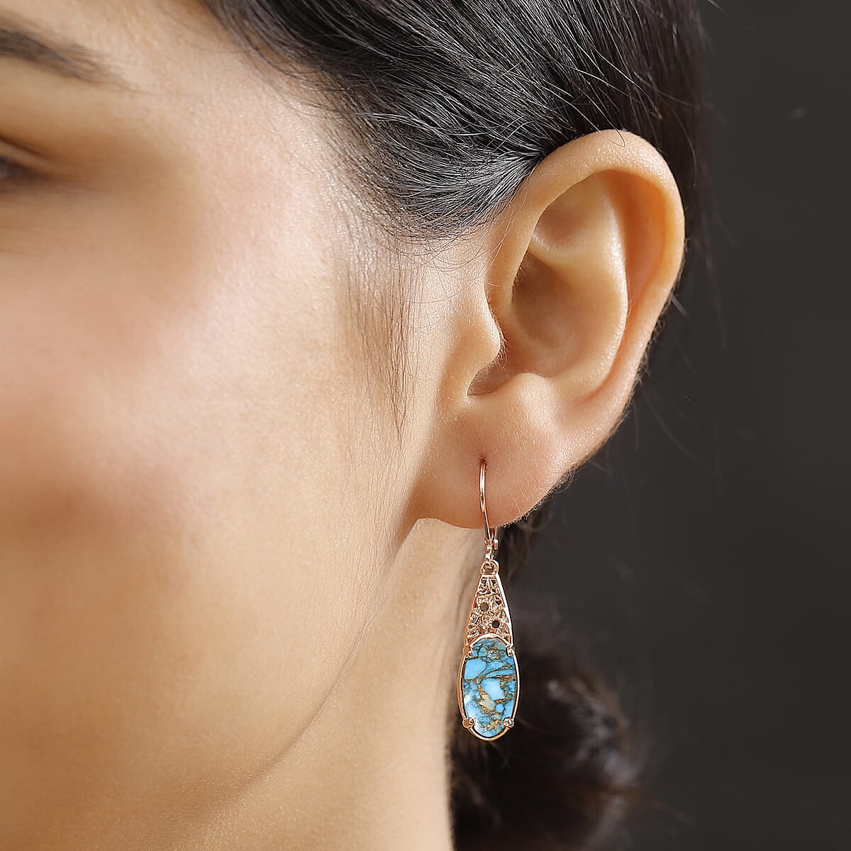 Karis Matrix Chestnut Brine Turquoise 6.10 ctw Lever Back Earrings in 18K RG Plated image number 2