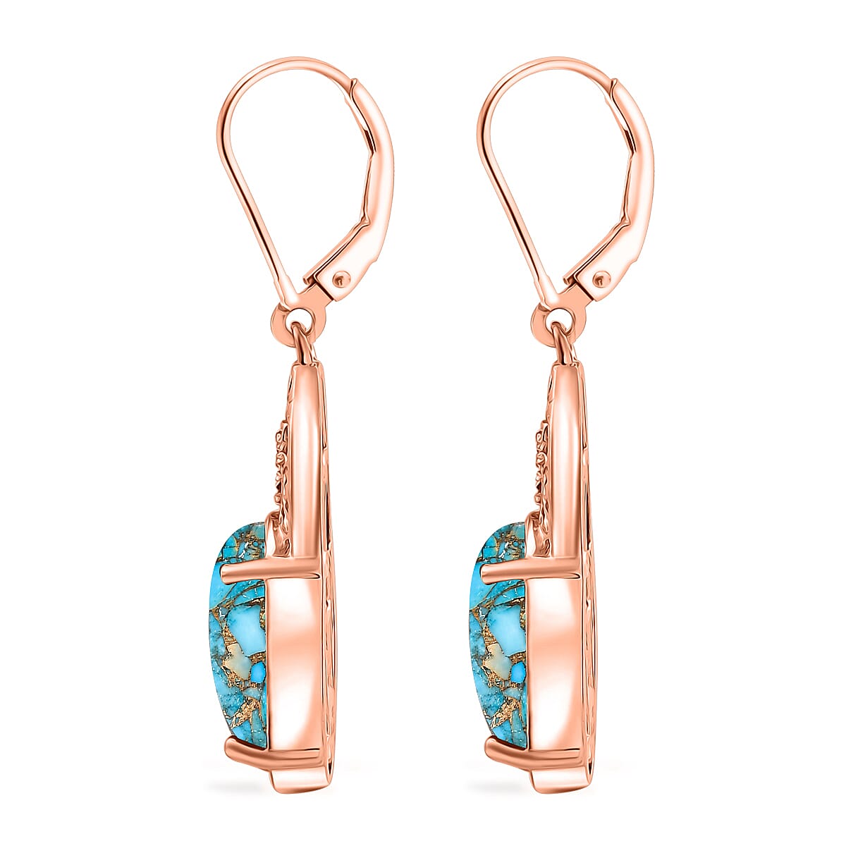 Karis Matrix Chestnut Brine Turquoise 6.10 ctw Lever Back Earrings in 18K RG Plated image number 3
