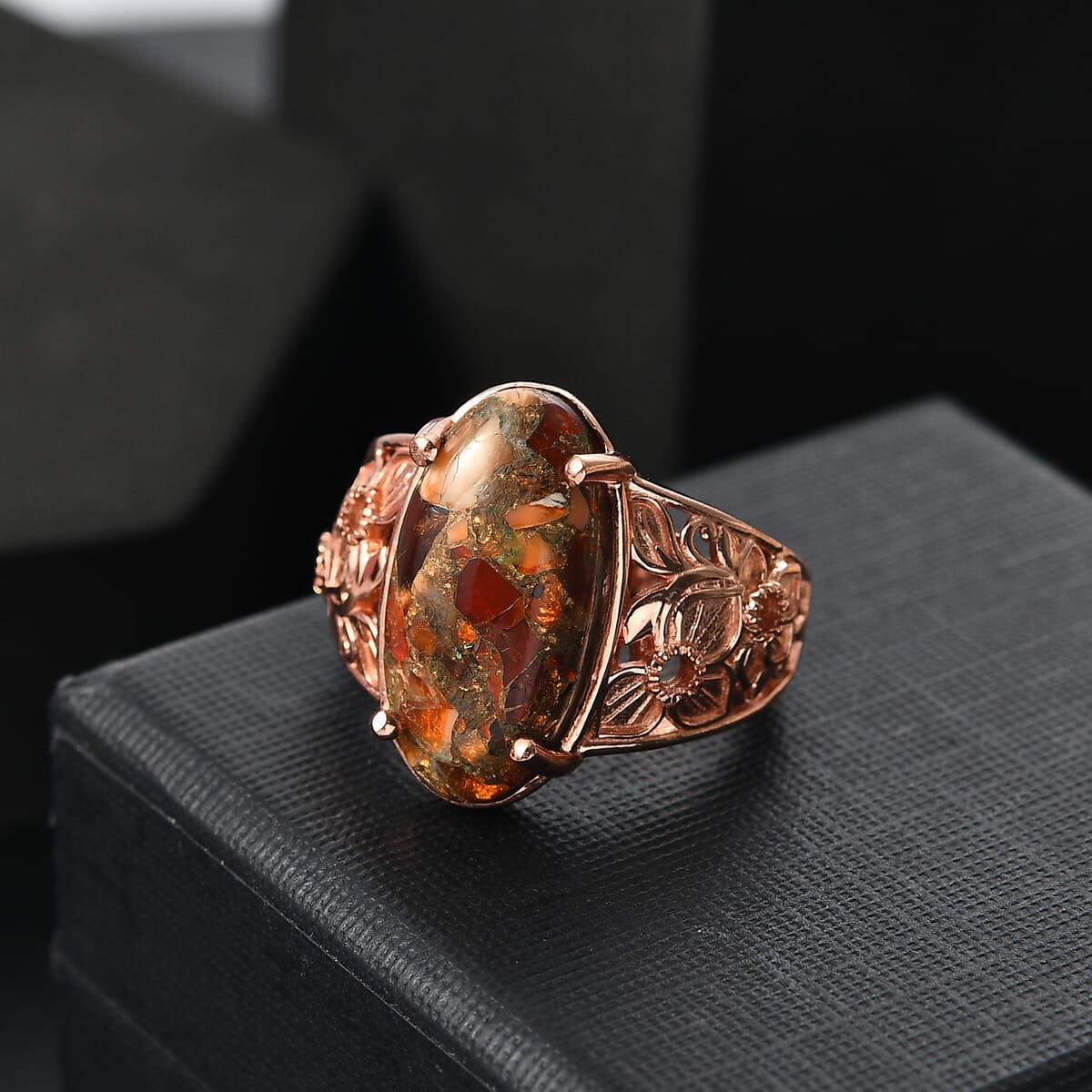 Karis Matrix Fire Opal 7.10 ctw Flower Ring in 18K RG Plated (Size 10.0) image number 1