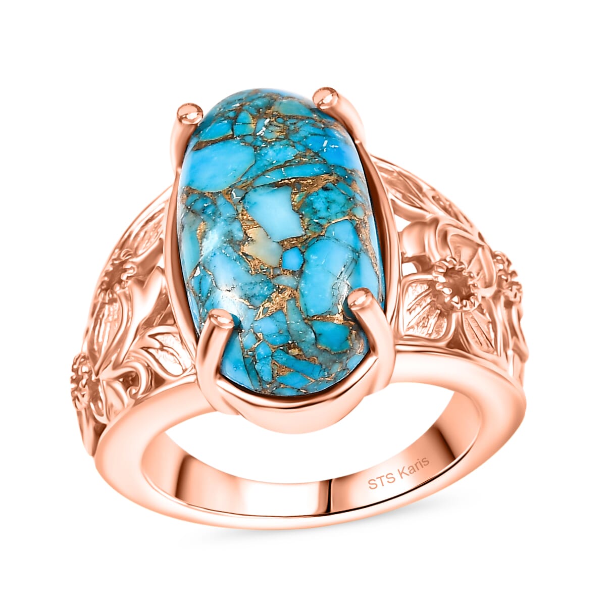 Karis Matrix Chestnut Brine Turquoise 9.70 ctw Flower Ring in 18K RG Plated (Size 11.0) image number 0