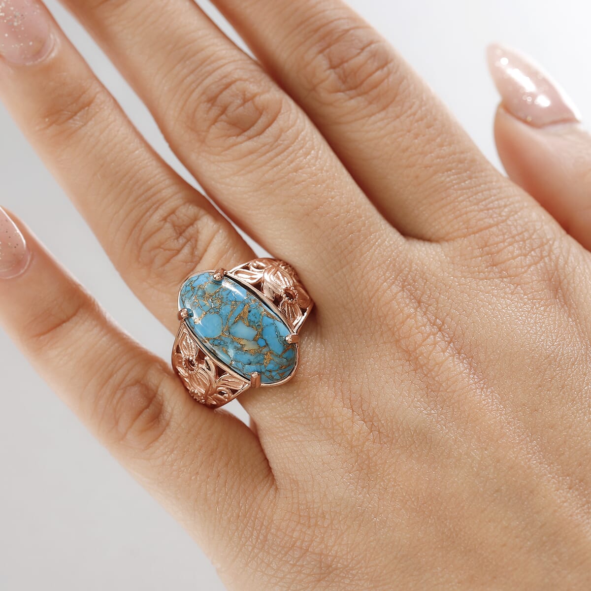 Karis Matrix Chestnut Brine Turquoise 9.70 ctw Flower Ring in 18K RG Plated (Size 11.0) image number 2