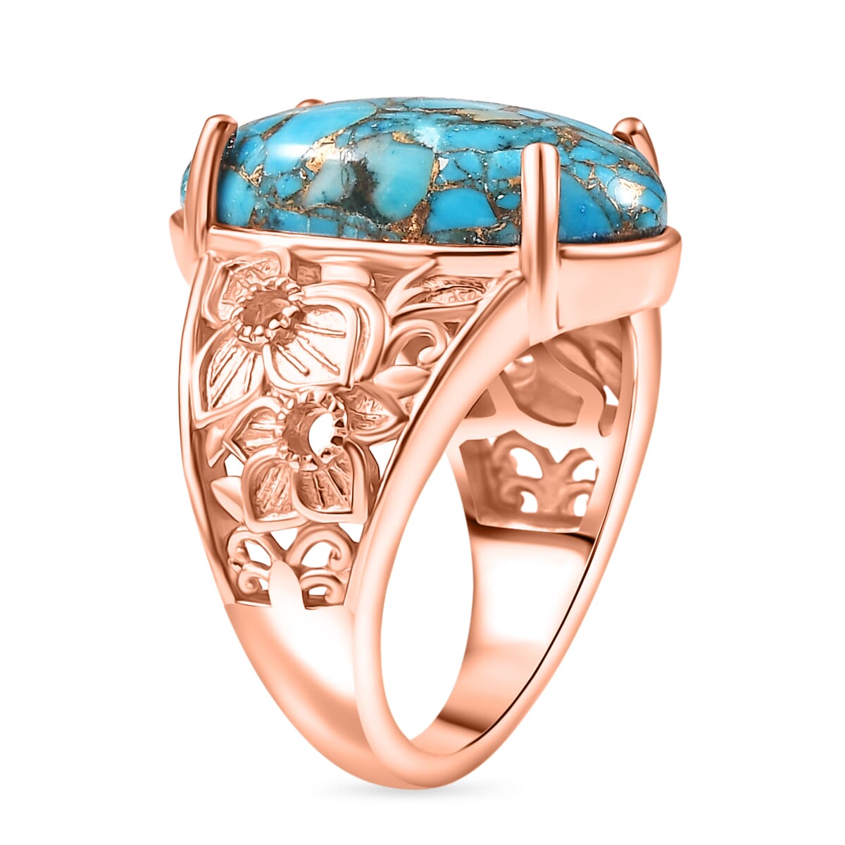 Karis Matrix Chestnut Brine Turquoise 9.70 ctw Flower Ring in 18K RG Plated (Size 11.0) image number 3