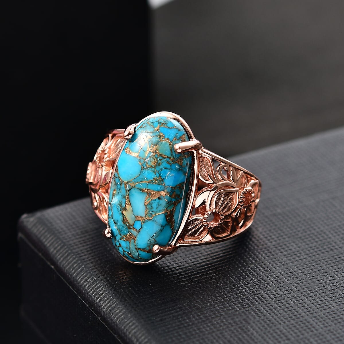 Karis Matrix Chestnut Brine Turquoise 9.70 ctw Flower Ring in 18K RG Plated (Size 9.0) image number 1