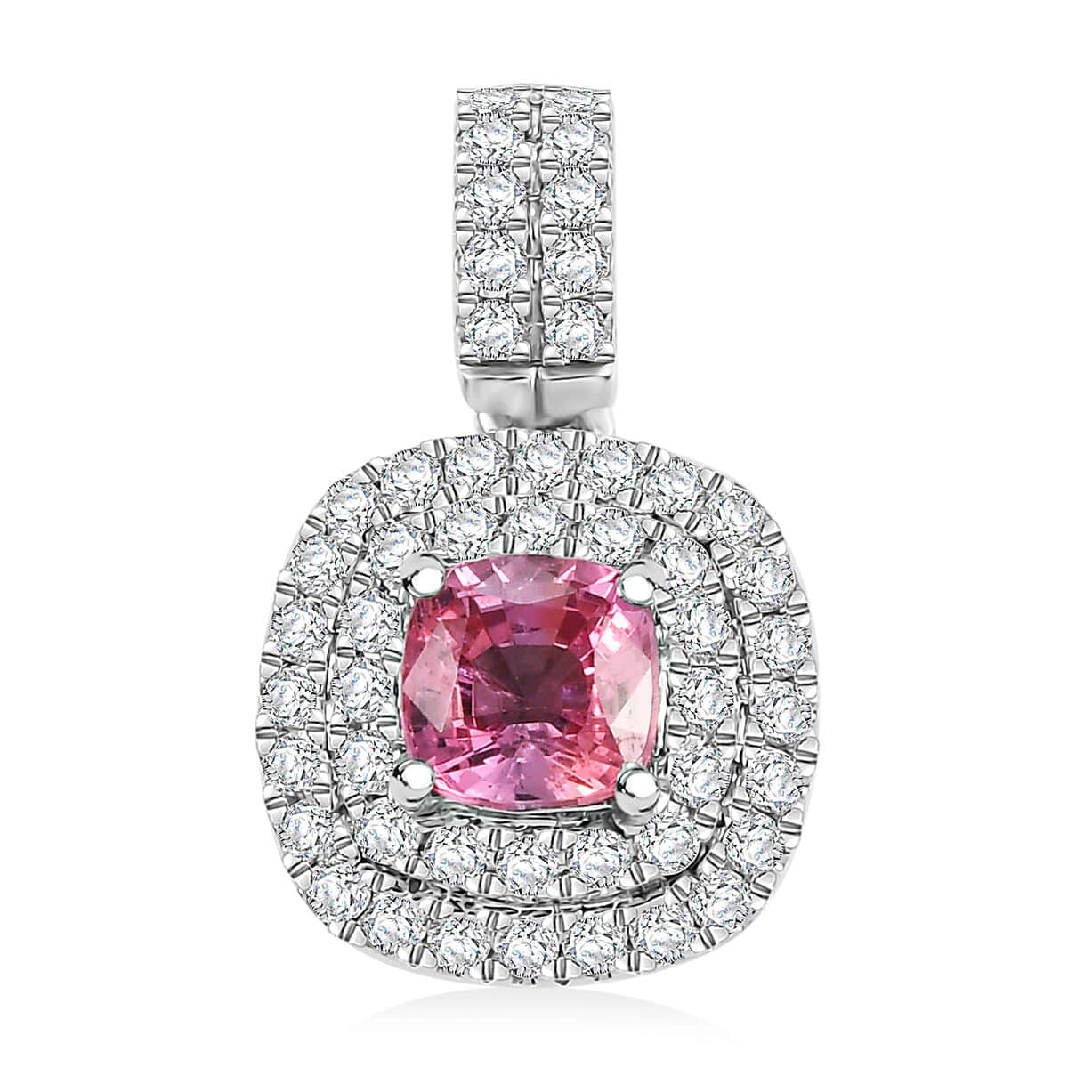 Certified & Appraised Rhapsody AAAA Padparadscha Sapphire and E-F VS2 Diamond 1.25 ctw Double Halo Pendant in 950 Platinum image number 0