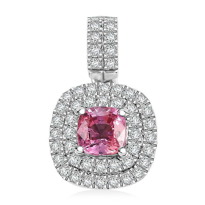 Certified & Appraised Rhapsody AAAA Padparadscha Sapphire and E-F VS2 Diamond 1.25 ctw Double Halo Pendant without Chain in 950 Platinum