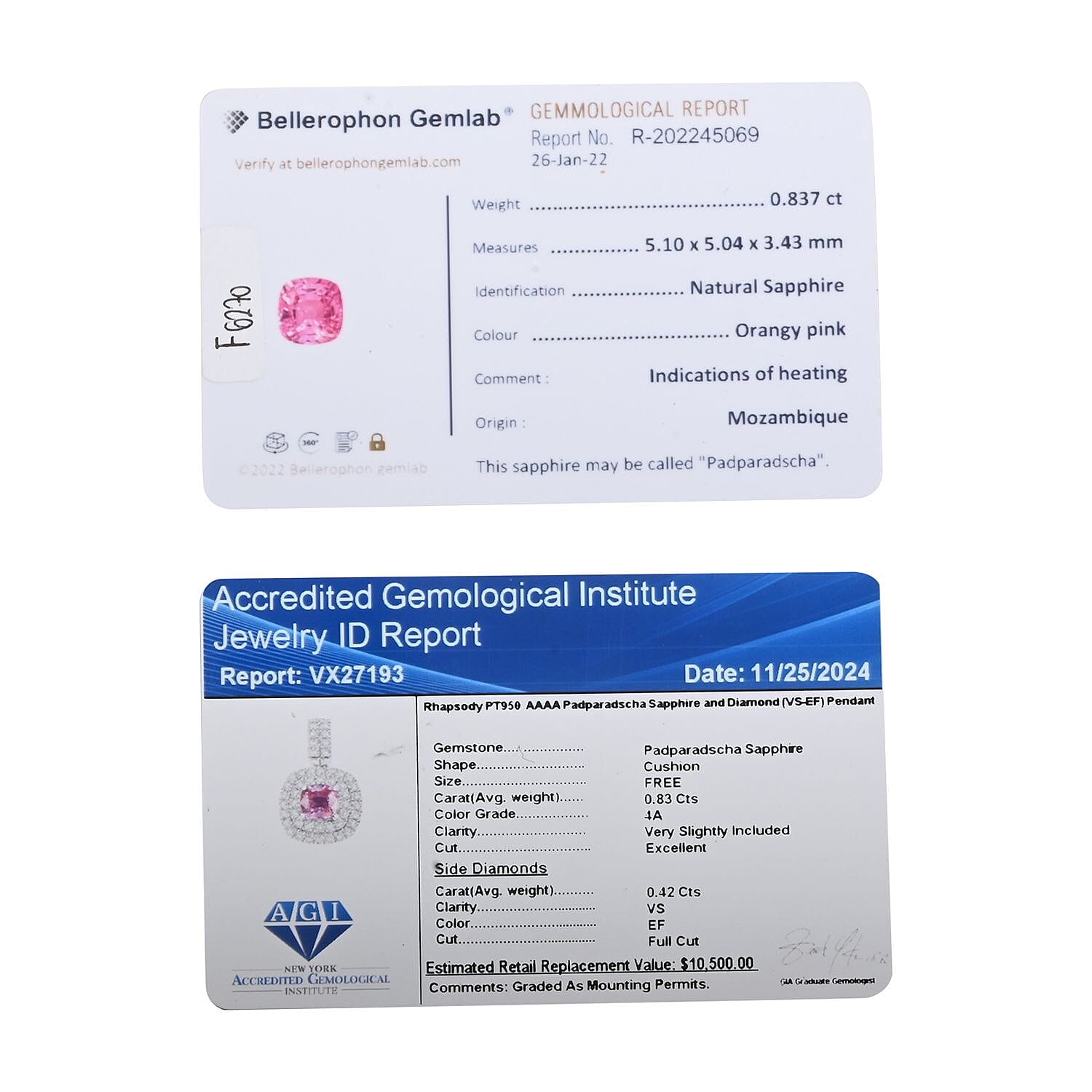 Certified & Appraised Rhapsody AAAA Padparadscha Sapphire and E-F VS2 Diamond 1.25 ctw Double Halo Pendant without Chain in 950 Platinum