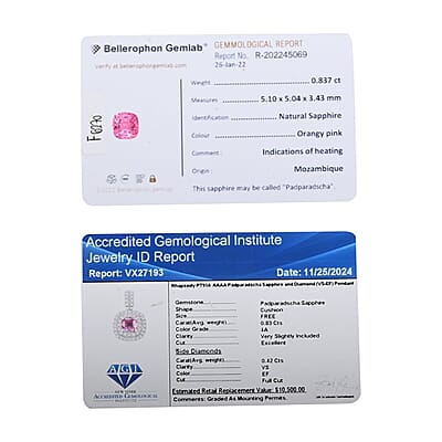 Certified & Appraised Rhapsody AAAA Padparadscha Sapphire and E-F VS2 Diamond 1.25 ctw Double Halo Pendant without Chain in 950 Platinum