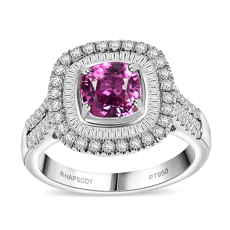 Certified & Appraised Rhapsody AAAA Padparadscha Sapphire and E-F VS2 Diamond 2.40 ctw Double Halo Ring in 950 Platinum (Size 12.0) 7.45 Grams