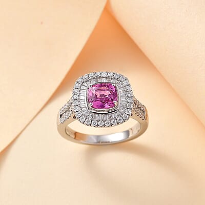 Certified & Appraised Rhapsody AAAA Padparadscha Sapphire and E-F VS2 Diamond 2.40 ctw Double Halo Ring in 950 Platinum (Size 12.0) 7.45 Grams