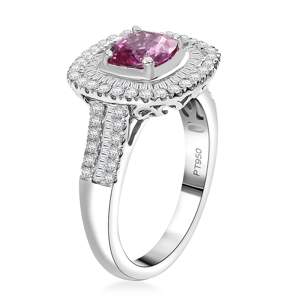 Certified & Appraised Rhapsody AAAA Padparadscha Sapphire and E-F VS2 Diamond 2.40 ctw Double Halo Ring in 950 Platinum (Size 9.0) 7.45 Grams image number 2